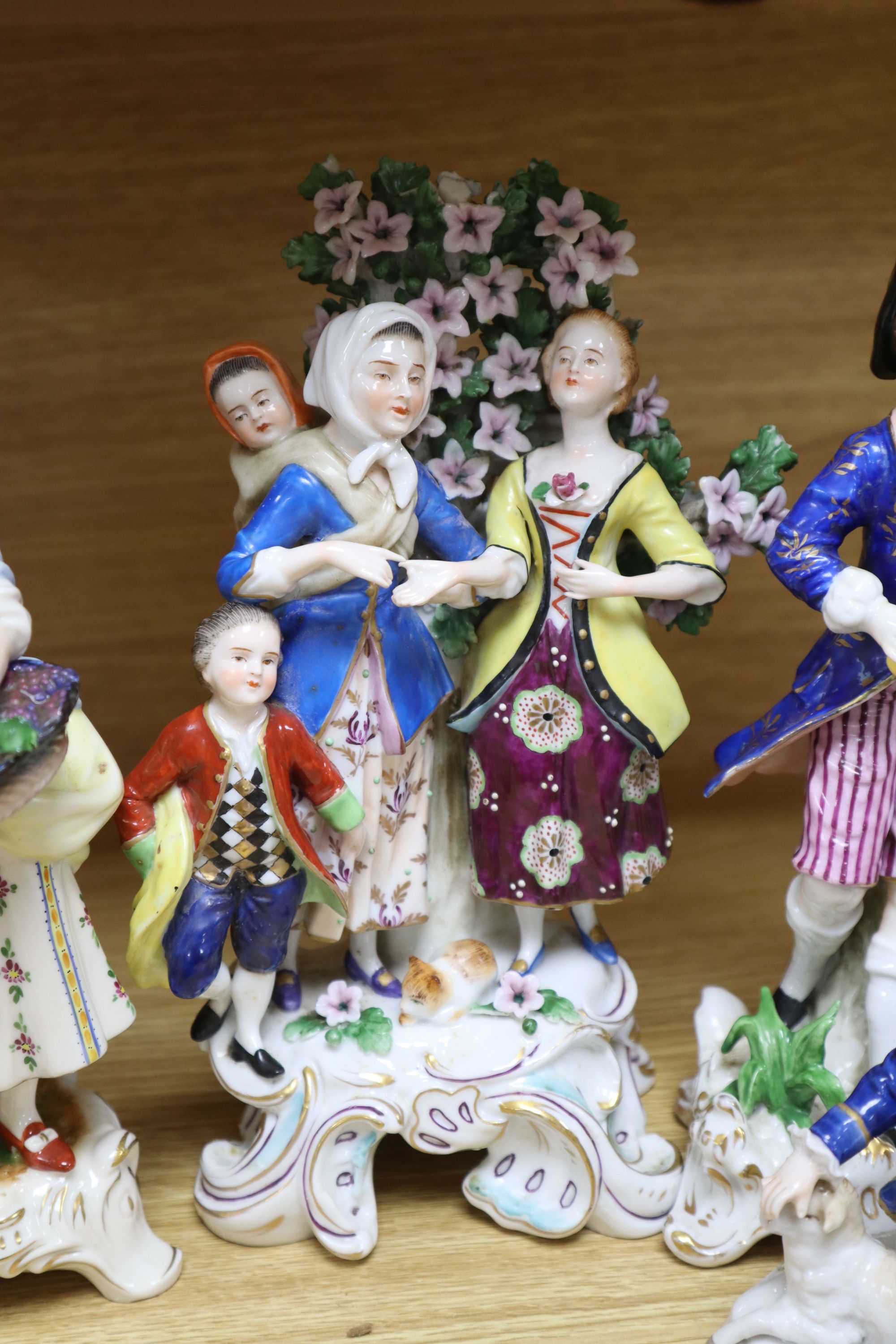 A Hochst porcelain shepherd and shepherdess group and four other modern Continental figures